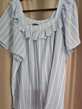 Suzanne Betro Light Blue Metallic-Striped Ruffle  Top